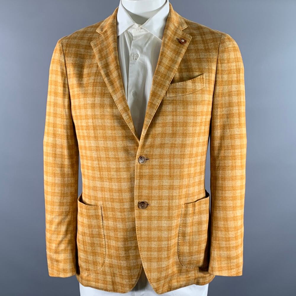 LARDINI Size 42 Orange Tartan Linen Cotton Blend Notch Lapel Sport Coat